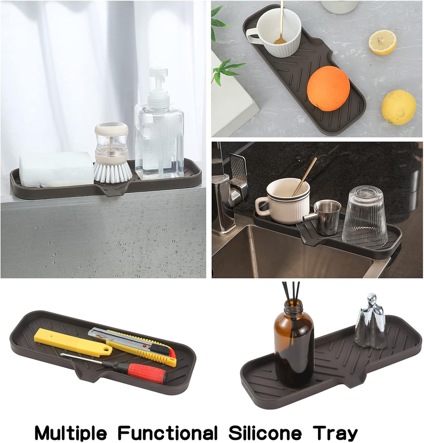 MicoYang Silicone Bathroom Soap Dishes with Drain Spout-Bathroom and Kitchen Sink Organizer,Sponge Holder,Dish Soap Tray,Perfect for Dispenser,Scrubber,Bottle,Cup on Sink or Counter-Coffee 4.9"×3.2"