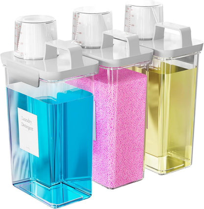 61OZ Laundry Detergent Dispenser Container, 2 Pack Liquid Laundry Dispenser, Plastic Detergent Dispensers for Laundry Powder/Fabric Softener with Tray 6 Labels, Clear