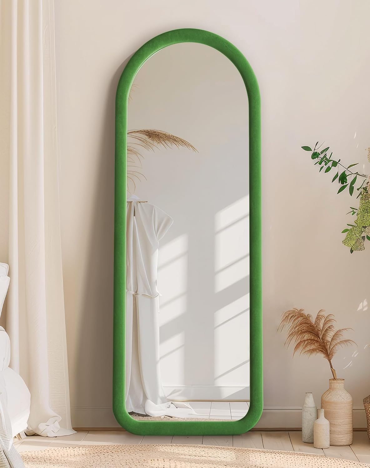 Delma Arched Full Length Mirror, Free Standing Floor Velvet Finish Frame Mirror for Leaning or Hanging, Soft Touch Bedroom & Living Room Decor, Brown