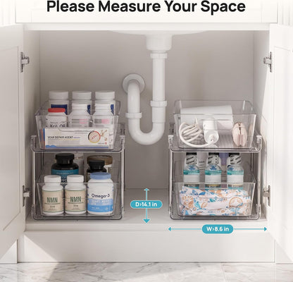 Vtopmart 2 Tier Bathroom Storage Organizer, 2 Pack Clear Under Sink Organizers Vanity Counter Container, Cabinet Drawers Bins, Pull-Out Organization with Track for Pantry, Kitchen