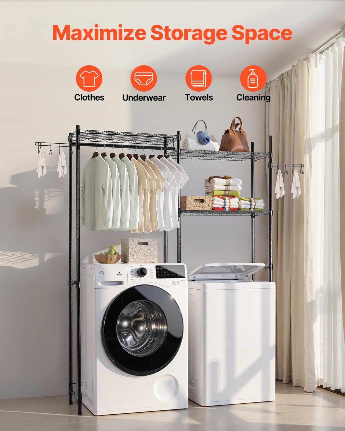 VEVOR Over Washer and Dryer Storage Shelves, 6 Tiers Laundry Room Drying Rack with Hanger Rod and Hooks, Two Rows Adjustable Washer Shelves Space Saver, for Laundry Room Storage & Organization, Black