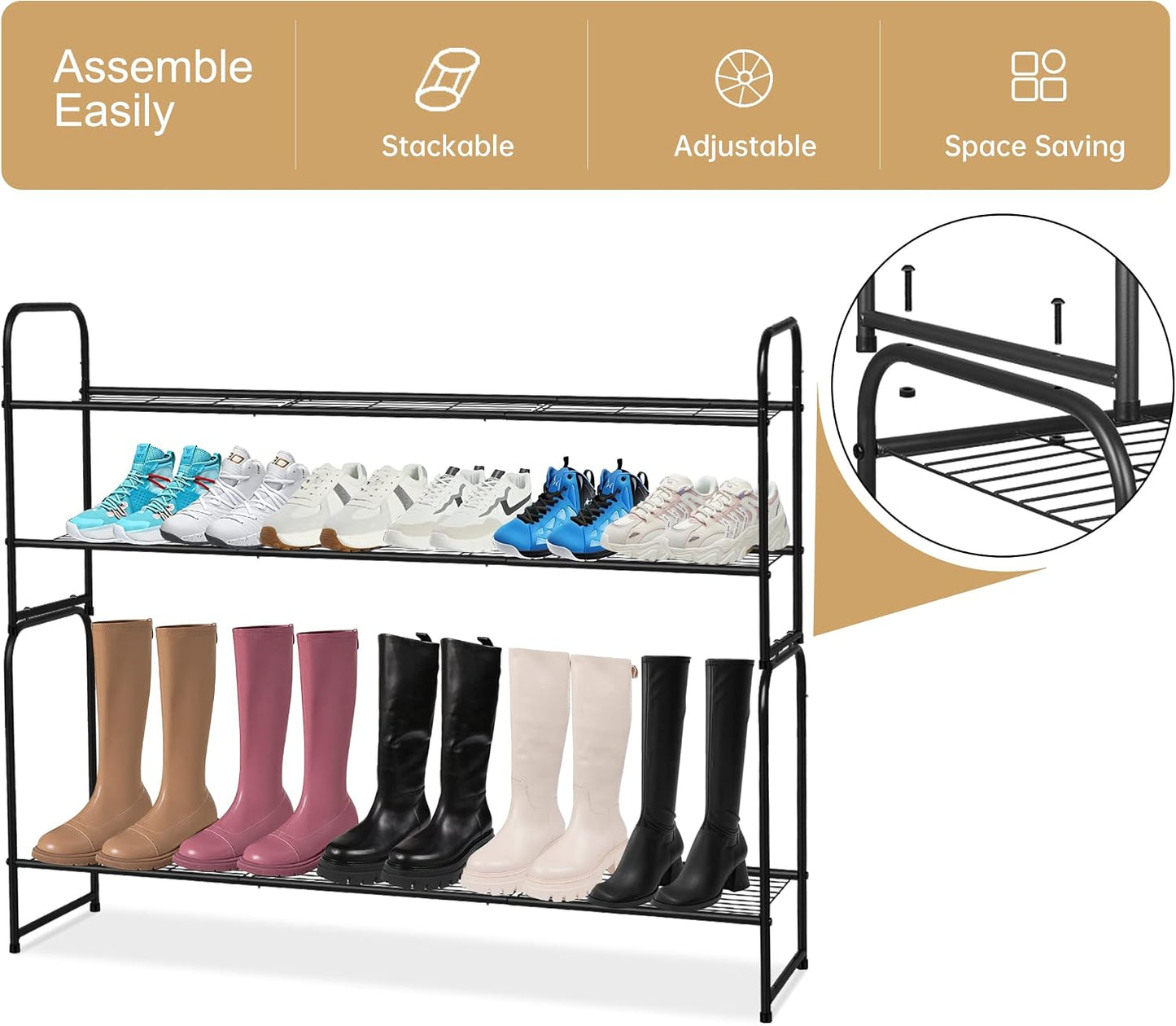 KEETDY 3-Tier Long Shoe Rack for Closet Metal Shoe Organizer for Entryway, Wide Stackable Shoe Storage Shelf with Sturdy Wire Grid for Closet Floor, Bedroom, Black