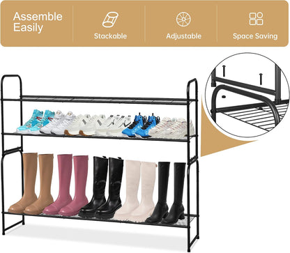 KEETDY 3-Tier Long Shoe Rack for Closet Metal Shoe Organizer for Entryway, Wide Stackable Shoe Storage Shelf with Sturdy Wire Grid for Closet Floor, Bedroom, Black