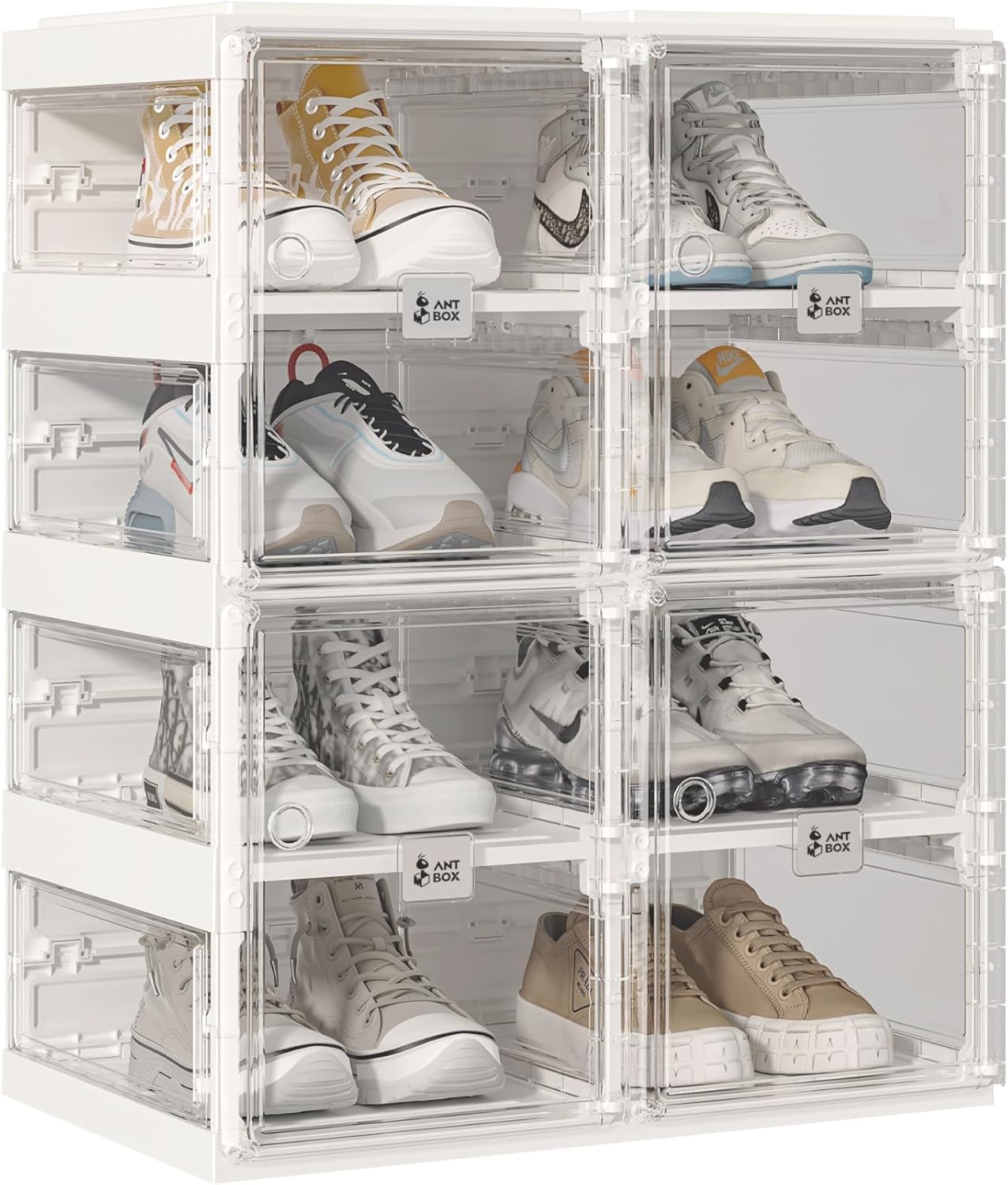 ANTBOX Collapsible Shoe Boxes Clear Plastic Stackable, Quick Setup Drop Front Shoe Organizer, Display Storage Cabinet for Sneakers10 Tiers 20 Pairs