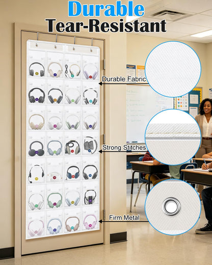 Classroom Headphone Storage Organizer with 28 Large Pockets and 100 Labels | Fabric Durable Classroom Pocket Chart Over The Door Hanging Headphone Holder Bag School Supplies Teacher Essentials, Grey