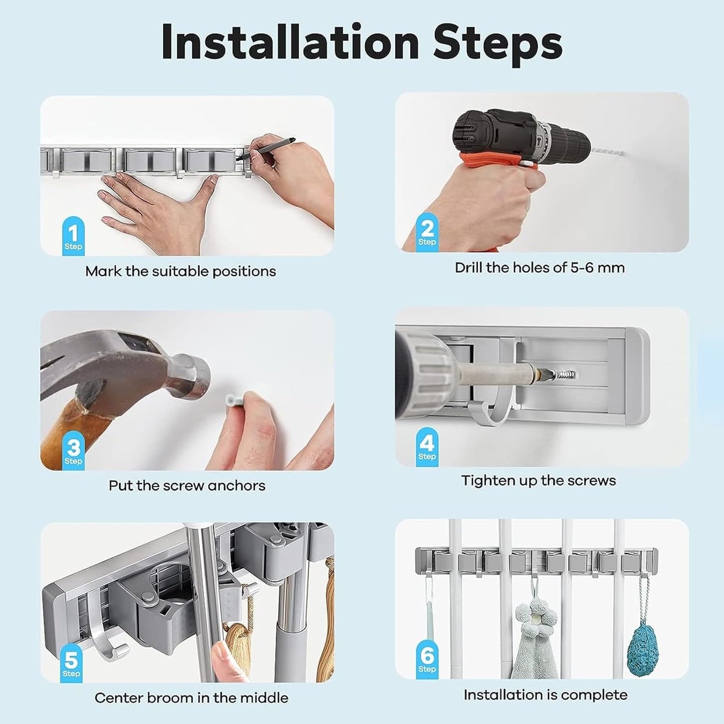 Broom Holder Wall Mount Movable Hooks and Clips Mop and Broom Hanger Wall Mounted Aluminum Garage Tool Organizer Storage Adhesive (Silver: 5 clips with 6 hooks)
