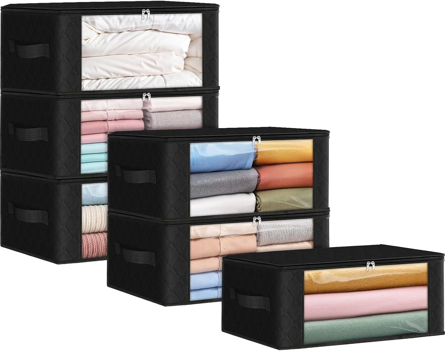 Fab totes 6 Pack Storage Bags for Clothes and Blanket, Foldable Closet Organizers and Storage with Zippers, Clear Window and Handles, Fabric Storage Bins for Sweater, Comforter, Bedding,Linen Sheets