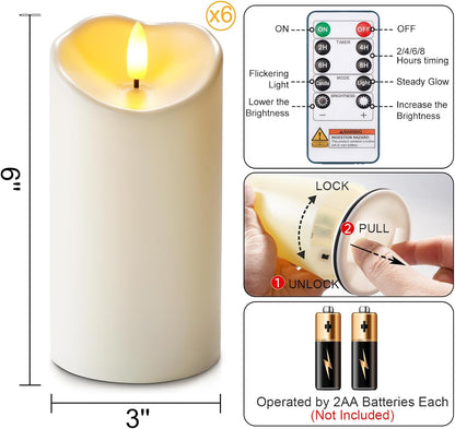 Homemory Dripping Wax Flameless Candles, Battery Operated Candles with Remote Control and Timers, LED Pillar Candles, Electric Fake Candles, 3" x 6", Set of 2