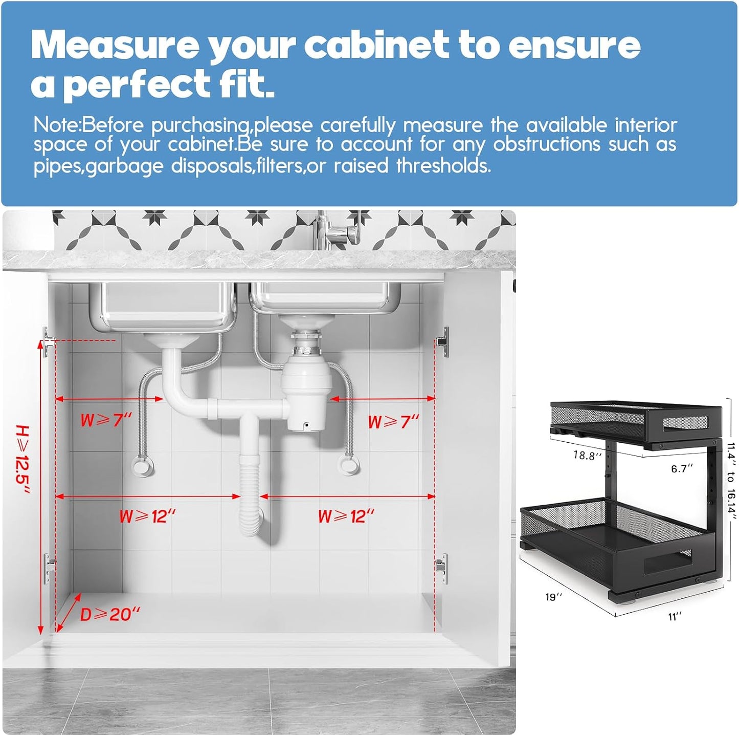2-Pack Under Sink Storage Organizer, Large 2-Tier Elegant Mesh Pull Out Shelf for Kitchen and Bathroom Cabinet Organization, L-Shaped and Adjustable Height Design,Patent Pending-Black