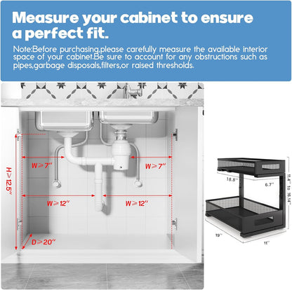 2-Pack Under Sink Storage Organizer, Large 2-Tier Elegant Mesh Pull Out Shelf for Kitchen and Bathroom Cabinet Organization, L-Shaped and Adjustable Height Design,Patent Pending-Black