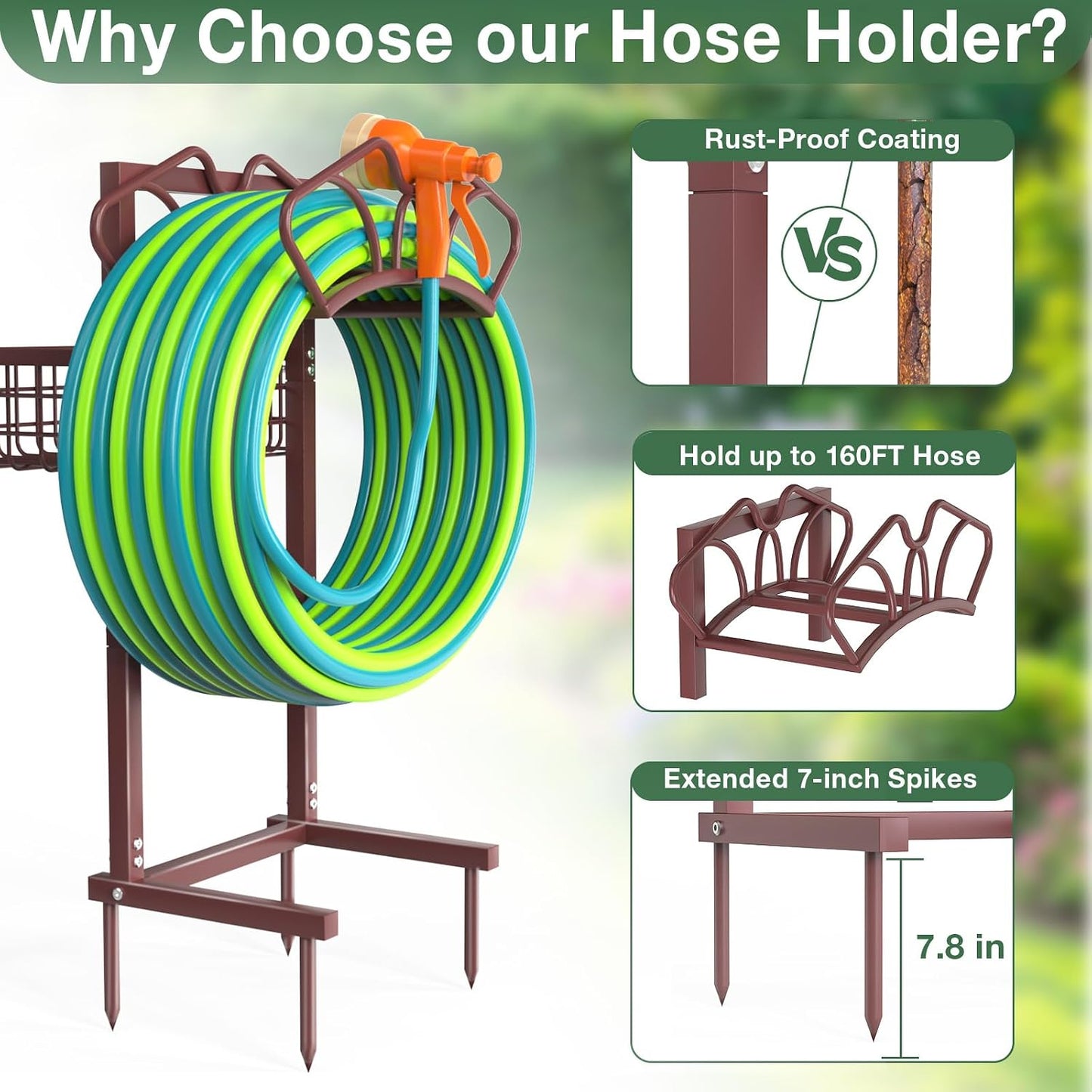 Qatsrin Upgraded Garden Hose Holder with Large Basket, Heavy Duty Water Hose Holder Supports 160-ft Hoses, Freestanding Detachable Hose Stand Storage Reel Hanger Rack for Yard Lawn Farm