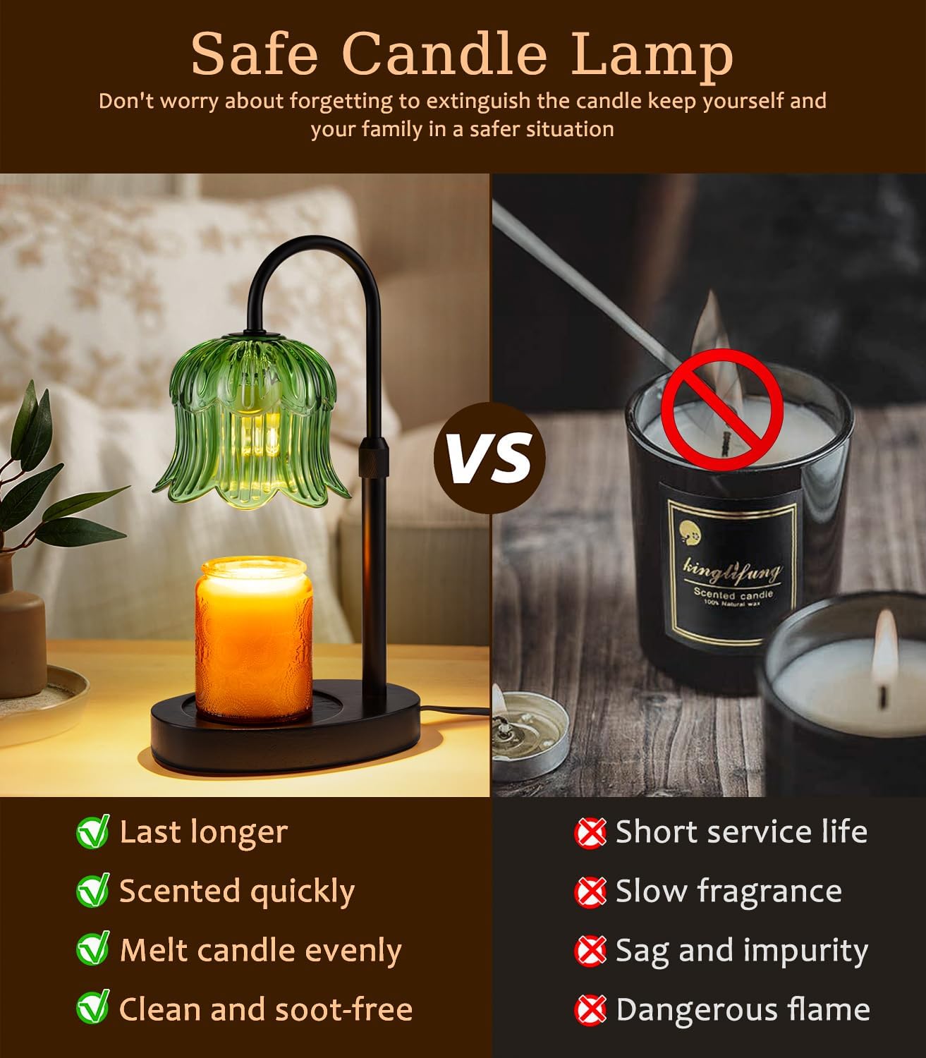 Candle Warmer Lamp with Timer - Electric Candles Wax Warmers Glass Lamps for Jar Candles Burner Adjustable Height and Dimmable Light Modern No Flame Scented Candle Warming Lantern, Amber
