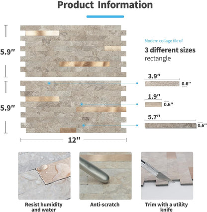 Art3d 10-Sheet Peel and Stick Backsplash Tile for Kitchen Bathroom Fireplace Laundry Room in White Slate with Gold Studded