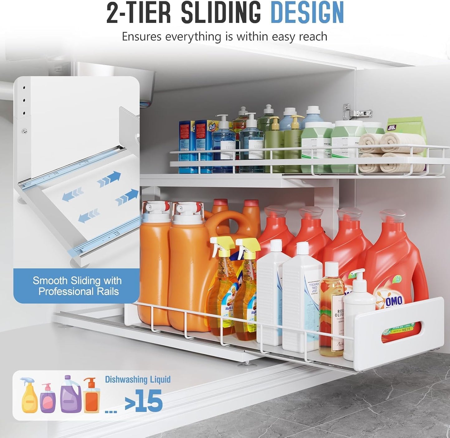Under Sink Organizer Upgrade To Professional Rails,2-Tier Dual Pull Out Cabinet Storage,Height Adjustable Slide Out Drawers For Bathroom Kitchen,2 Pack-14.5" Dx12.8-16.9" H,White