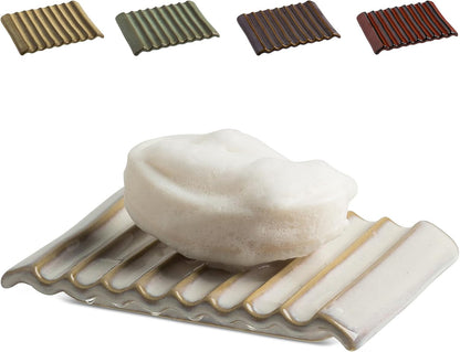 Self Draining Soap Dish, Ceramic Drain Soap Holder Waterfall Design Soap Saver for Shower, Bathroom, Sink, Kitchen and Countertop, Keeps Dry, Green