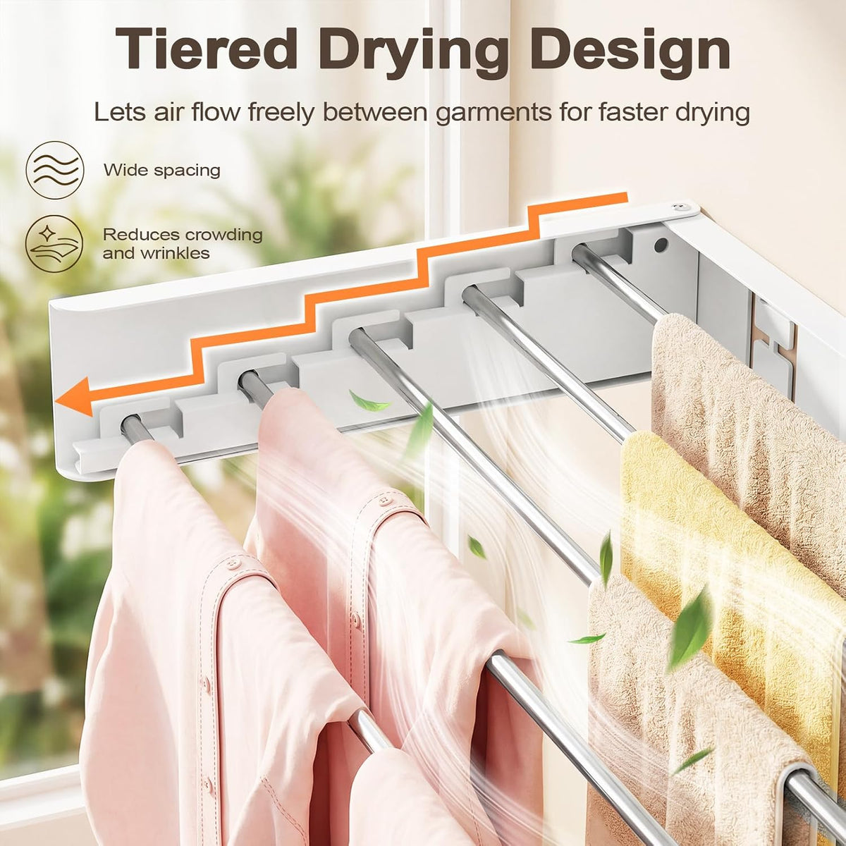 Wall Mounted Clothes Drying Rack Folding Indoor, Foldable Laundry Drying Rack Collapsible,Invisible, Space Saving, Retractable Towel Drying Rack, with Wall Template(5 Drying Rods, White 32")