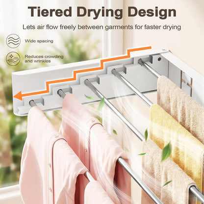 Wall Mounted Clothes Drying Rack Folding Indoor, Foldable Laundry Drying Rack Collapsible,Invisible, Space Saving, Retractable Towel Drying Rack, with Wall Template(5 Drying Rods, White 32")