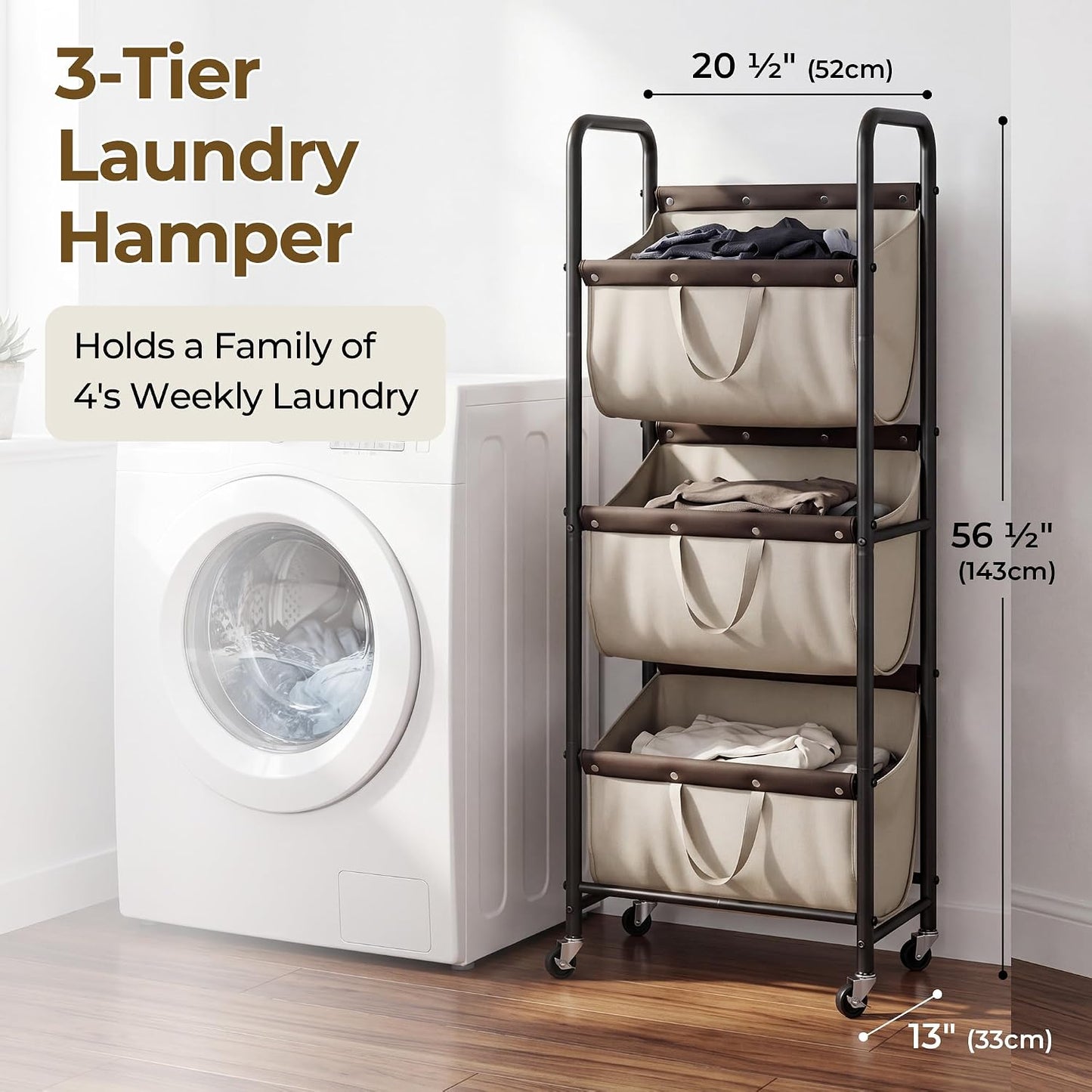 GRANNY SAYS 3 Section Tiered Laundry Sorter, Slim Vertical Laundry Hamper with Wheels, Narrow Rolling Laundry Cart with Removable Bags for Laundry Room, Bathroom, Closet, Dorm, Beige