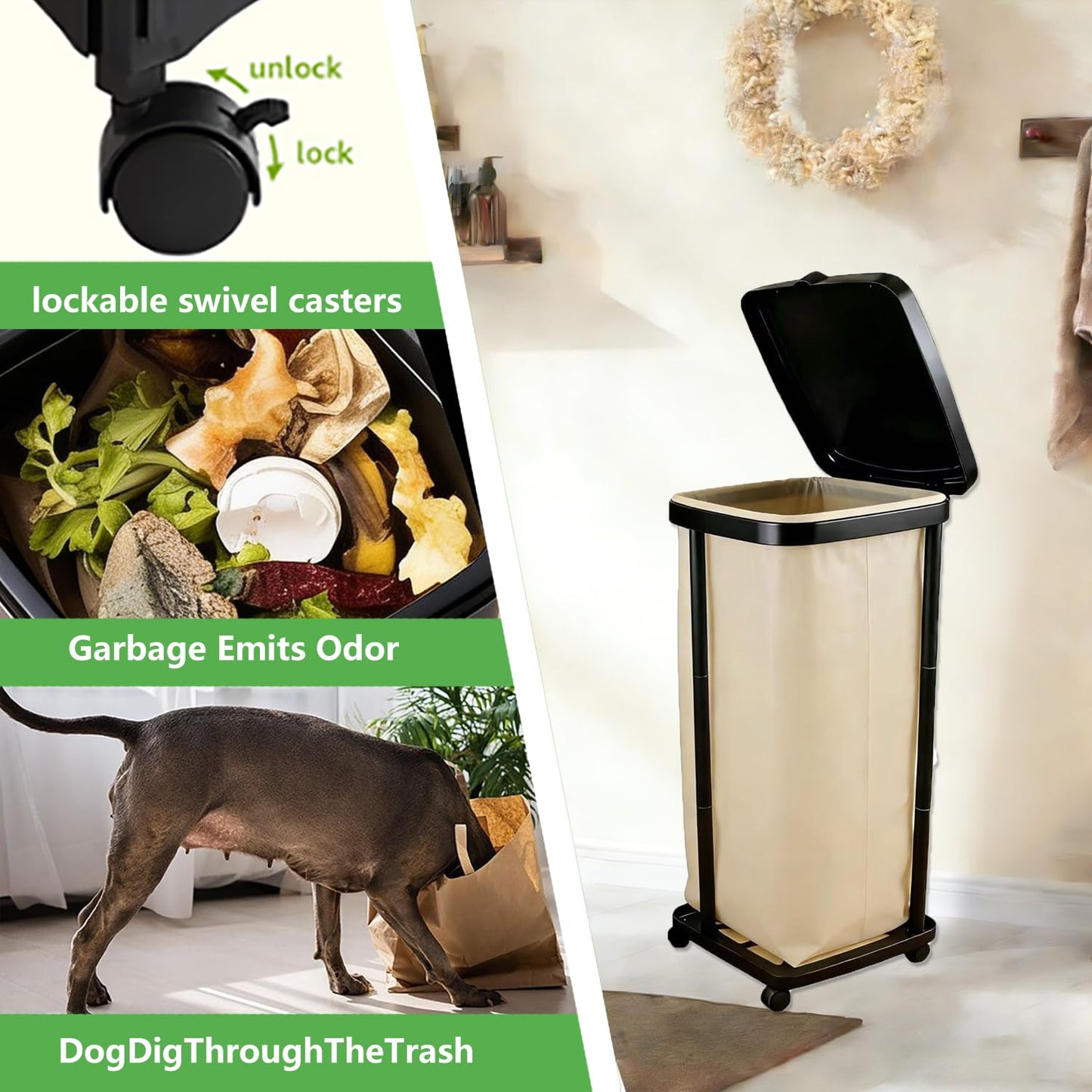 Collapsible13 Gallon Trash Bag Holder Height Adjustable (3 levels) Portable Trash Bag Holder with Lid, Stand with 4-Wheels Plastic Outdoor Trash Can Suitable Kitchen Garbage Can for Outside Indoor