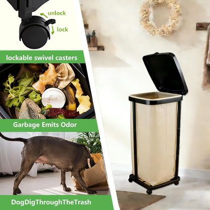 Collapsible13 Gallon Trash Bag Holder Height Adjustable (3 levels) Portable Trash Bag Holder with Lid, Stand with 4-Wheels Plastic Outdoor Trash Can Suitable Kitchen Garbage Can for Outside Indoor