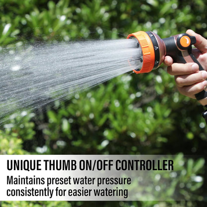 Heavy Duty Metal Hose Sprayer, 8 Patterns & Thumb Control, Orange | Rust-proof metal,8 spray patterns,thumb-control flow,on-off valveergonomic grip,for lawns, plants,cars,pets