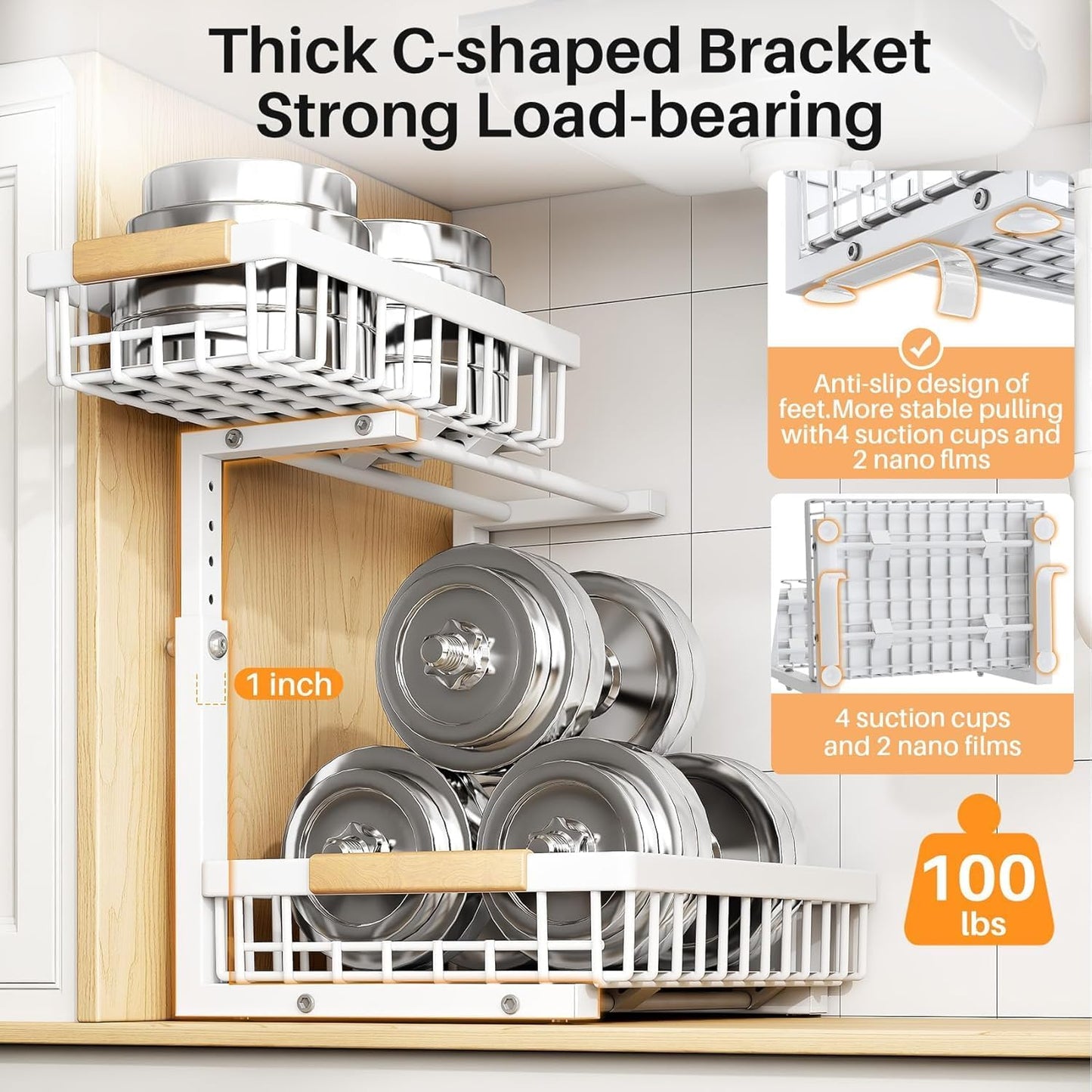 PXRACK Under Sink Organizer, Adjustable Height, 2 Tier Pull Out Under Cabinet Organizer, Slide Out Thickened Metal Under Sink Storage for Kitchen Bathroom Laundry Pantry Cabinet, White, Large-1-Pack