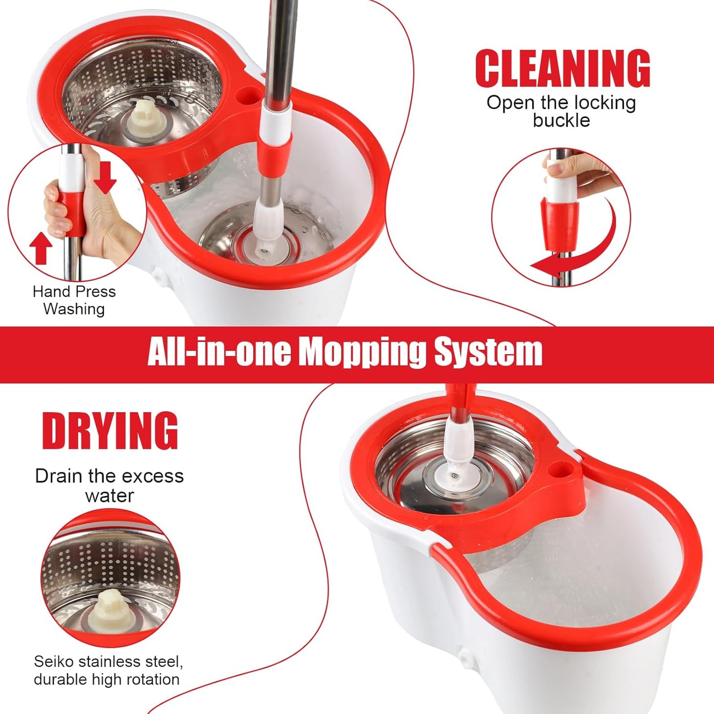 Spin Mop and Bucket with Wringer Set, 360° Spinning Mop Bucket System with 3 Microfiber Mop Replacement Heads and 50" Stainless Steel Adjustable Handle for Floor Cleaning