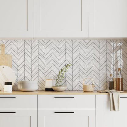 Yipscazo 10-Sheet Herringbone Backsplash Peel and Stick Tile, Polished White PVC Stick on Backsplash for Kitchen, Waterproof Self Adhesive Wall Tile for Bathroom