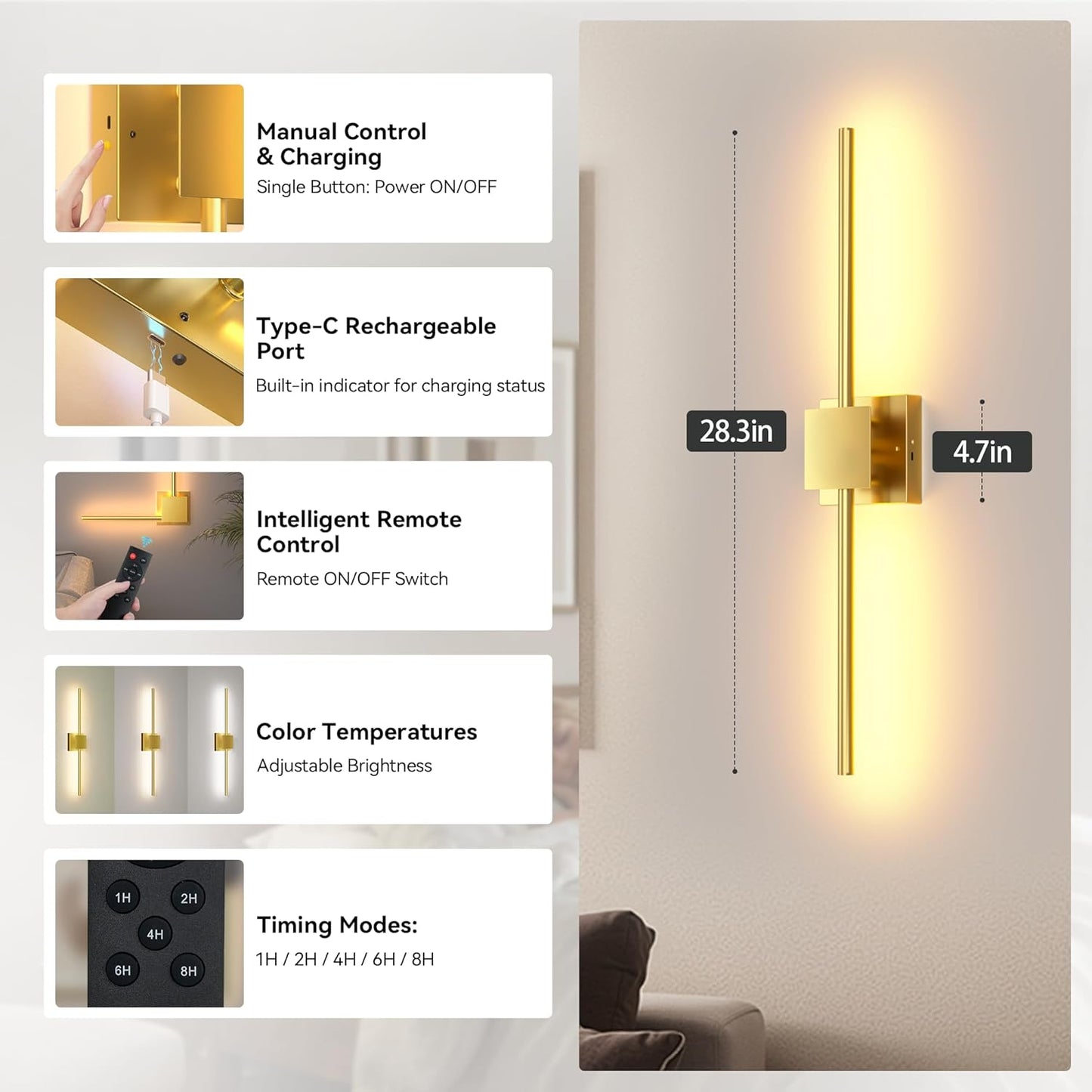 Torchlet Battery Operated Wall Sconces Set of 2 with Remote Control,DIY Independent Rotation Picture Lights,3000K-6000K Dimmable LED Rechargeable Wall Lights for Living Room Bedroom, 28.3'' Gold