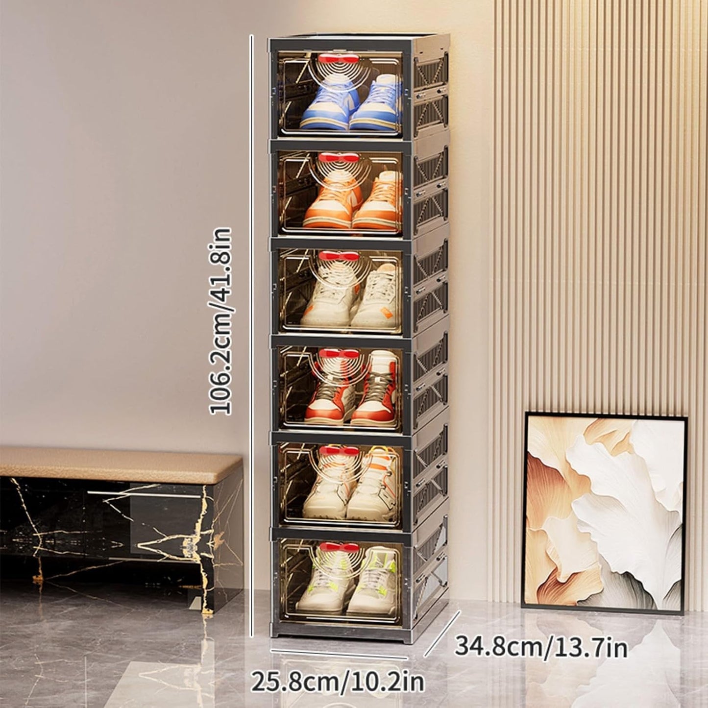 Foldable Shoe Rack Organizer Stackable Shoe Storage Box for Entryway, Closet & Bedroom Large Capacity Sneaker Containers Bins with Lids 6 Pack Black