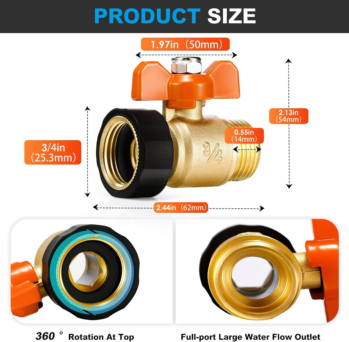 Garden Hose Splitter 3/4" GHT Full Flow 2 Way Brass Hose Splitter Heavy Duty All Metal Hose Y Splitter with Shutoff Outdoor Faucet Water Hose Splitter Y Valve Tap Adapter for Outdoor Garden