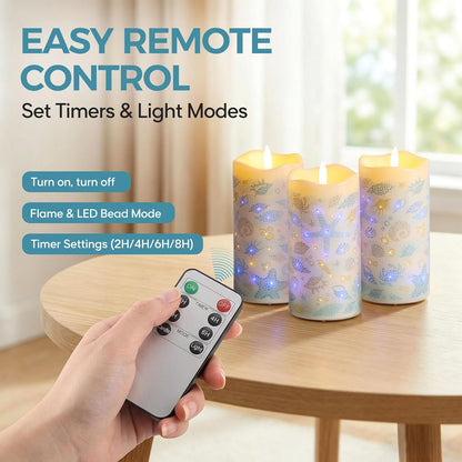 Eywamage Fiber Optic Flameless Pillar Candles with Remote, Floral Butterfly Spring LED Candles Flickering Home Decor Gift Set of 3