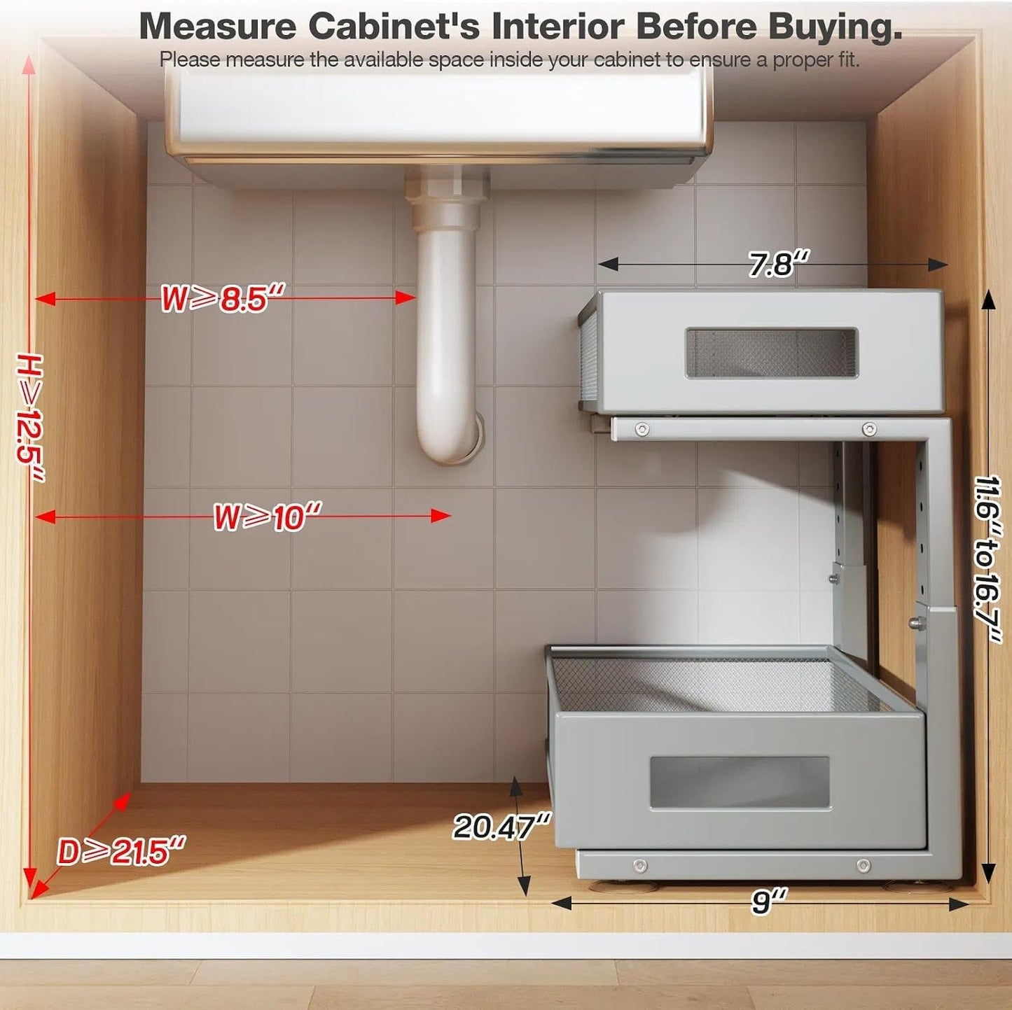 Under Sink Organizer, 2-Tier Dual Pull Out Cabinet Organizer Drawers With Smooth Circular Rail, Large Capacity Metal Mesh Sliding Shelves For Bathroom& Kitchen Storage,Height Adjustable–White,2 Packs