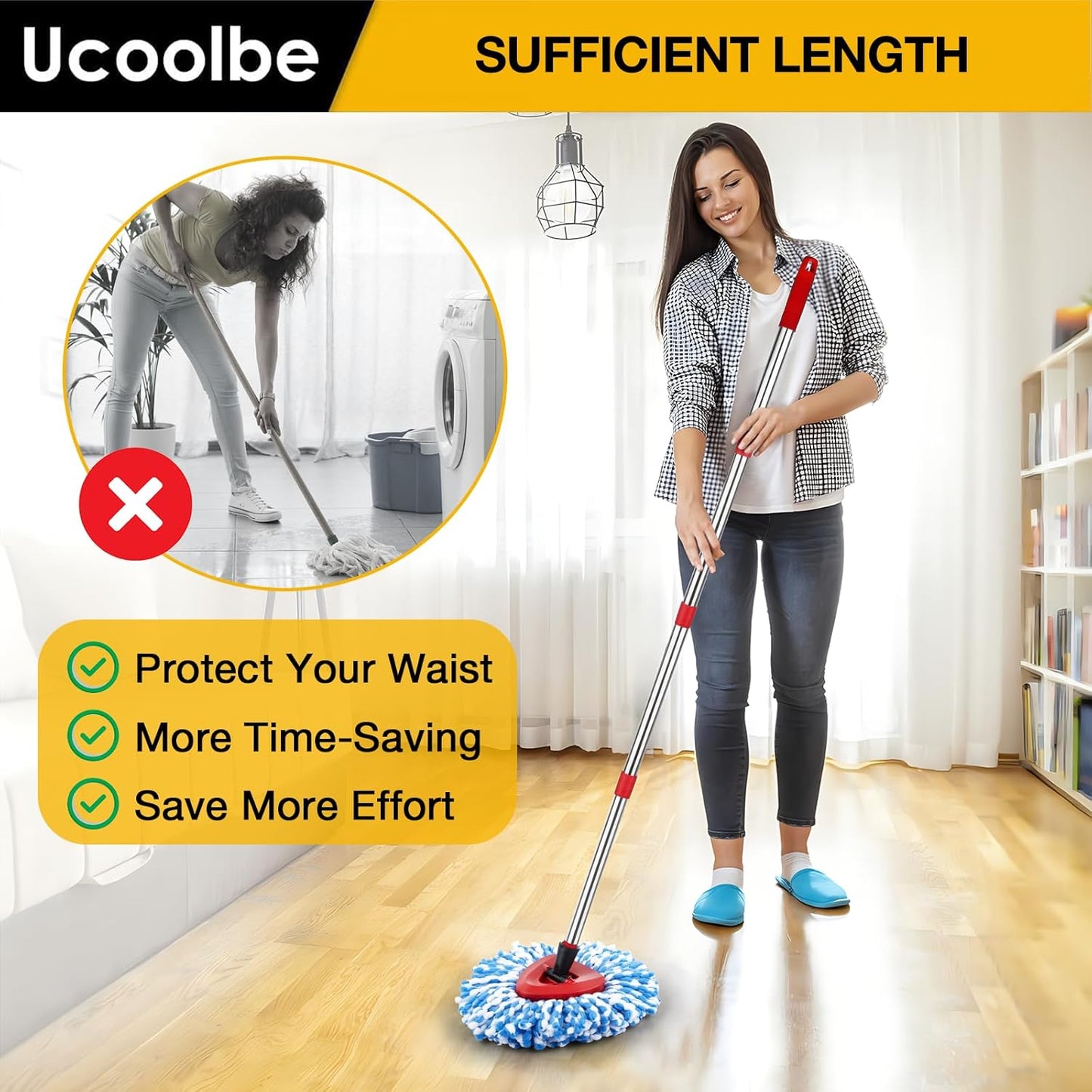 Spin Mop Replacement Head for O Cedar 2 Tank RinseClean, 4 Microfiber mop Refill, 1 Scrub Brush, 1 Mop Stick, 1 Mops Base, Deep Cleaning, 30" to 58" Mop Handle Replacement