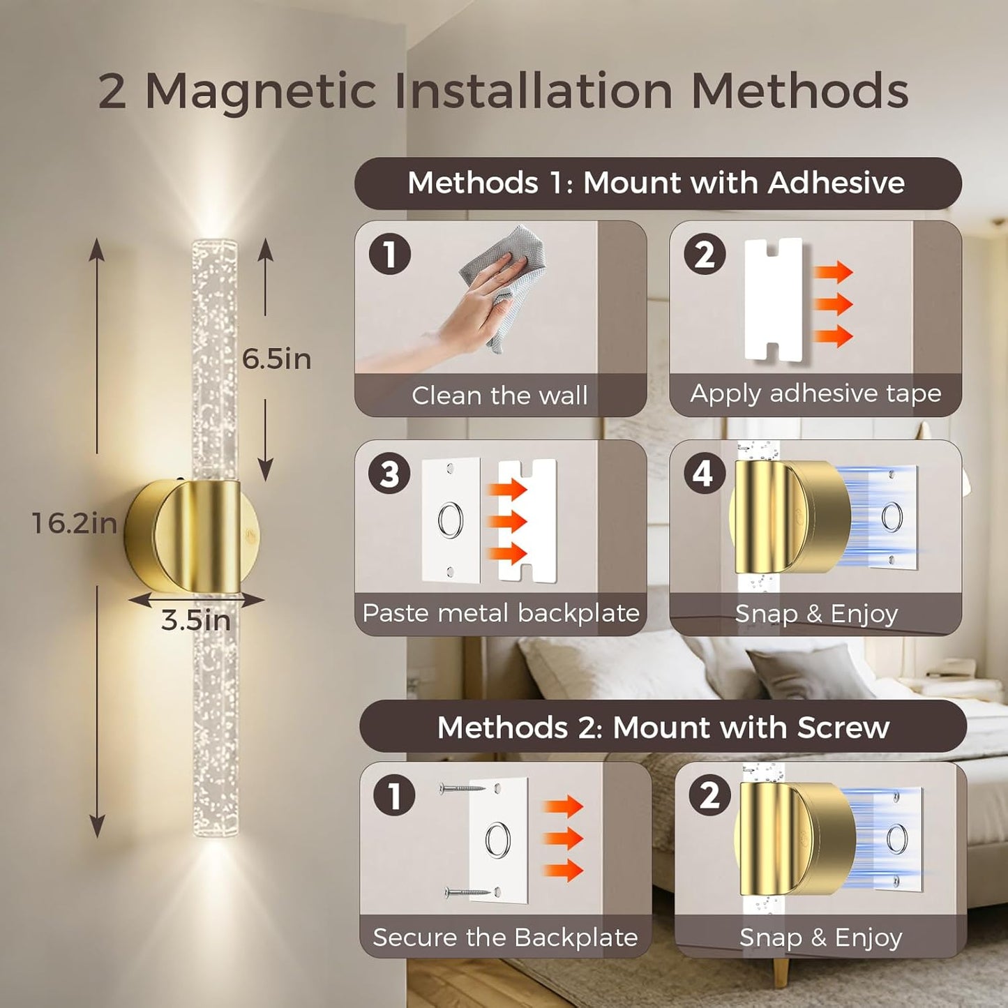 Peel and Stick on Battery Operated Wall Sconces Set of 2, Gold Wireless Magnetic Rechargeable Wall Lights with Remote & Touch Control, No Drill 3CCT Dimmable Wall Lamp for Bedroom Living Room Decor