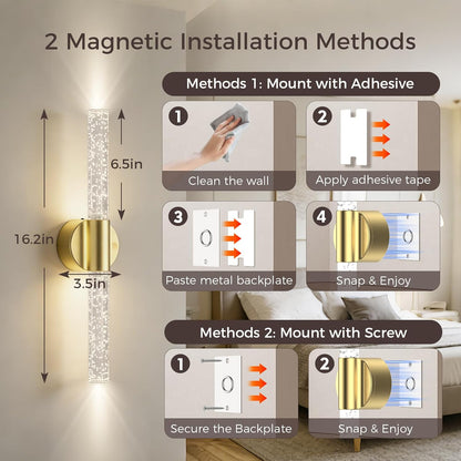 Peel and Stick on Battery Operated Wall Sconces Set of 2, Gold Wireless Magnetic Rechargeable Wall Lights with Remote & Touch Control, No Drill 3CCT Dimmable Wall Lamp for Bedroom Living Room Decor