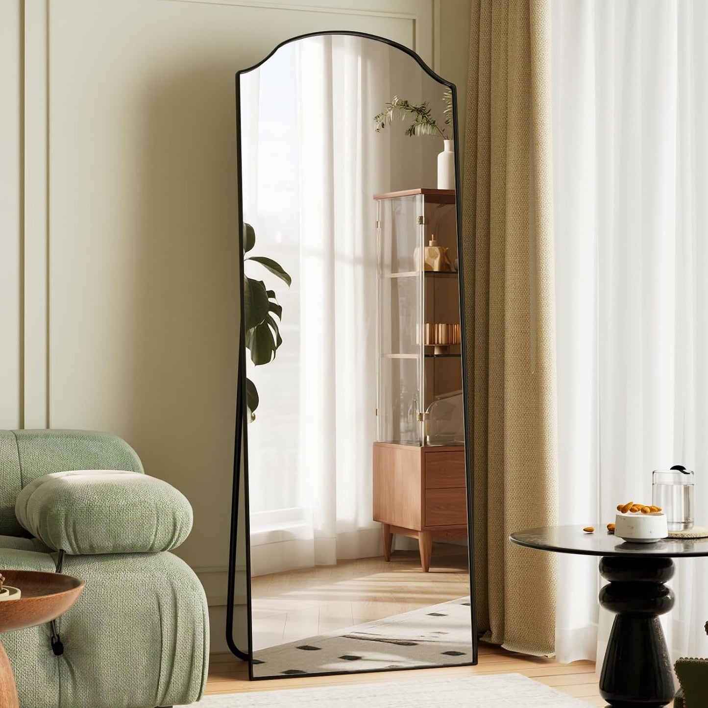 VooBang Triple-Arched Mirror Full Length, 65" x 24" Floor Mirror with Stand, Matte Aluminum Alloy Frame Full Body Mirror, Standing Hanging or Leaning for Bedroom and Living Room, Black
