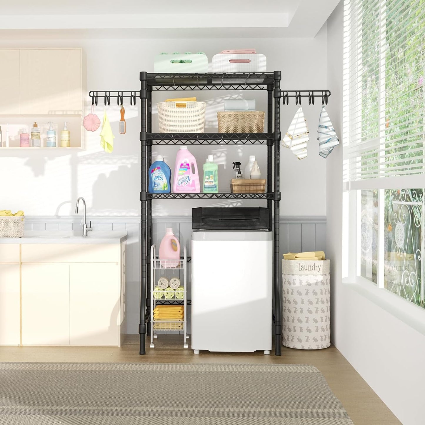 Ulif U8 Mini Laundry Room Storage Organizer, Over the Washer and Dryer Storage Shelves for Laundry Organization, 29.5”W x 17.3”D x 76.2”H, Suit Washing Machine Width within 27.1”, Hold 304 lb, Black