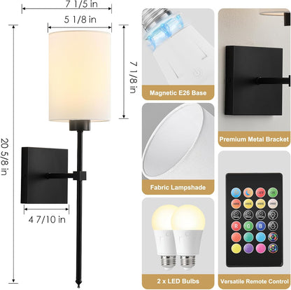 Battery Operated Wall Sconces Set of Two,Wireless Rechargeable Wall Light With Remote Control, Dimmable, Amber Light/Warm White/Natural White/Daylight/RGB, Timer,for Living Room,Bedroom,Entryway,Gold