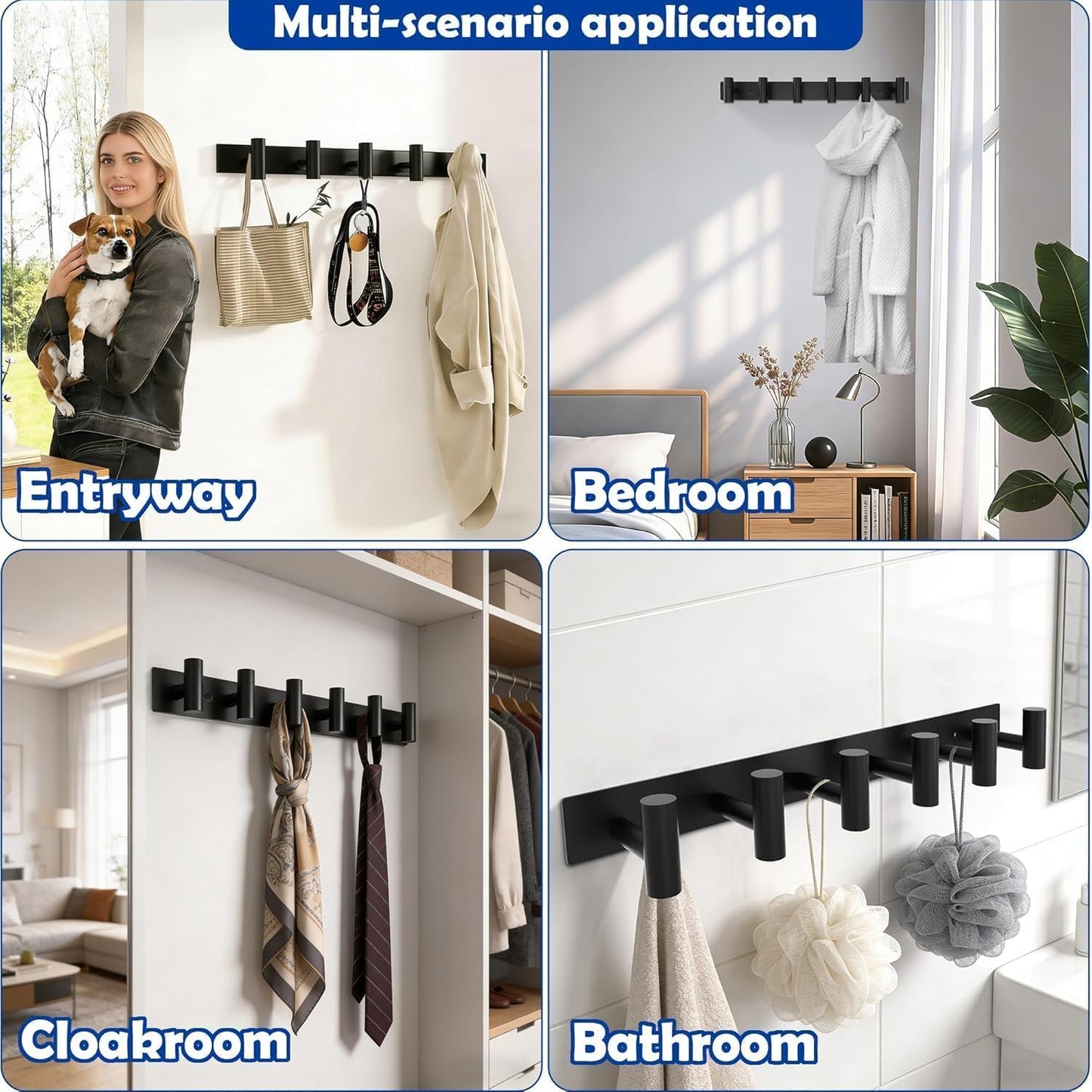 Matte Black Coat Rack Wall Mount - 6 Hooks, Heavy Duty Stainless Steel Wall Hooks for Towels, Coats, Robes, Bags, Hats, Keys, Wall Coat Hanger for Bathroom, Entryway, Kitchen, Hotel, Bedroom, Office