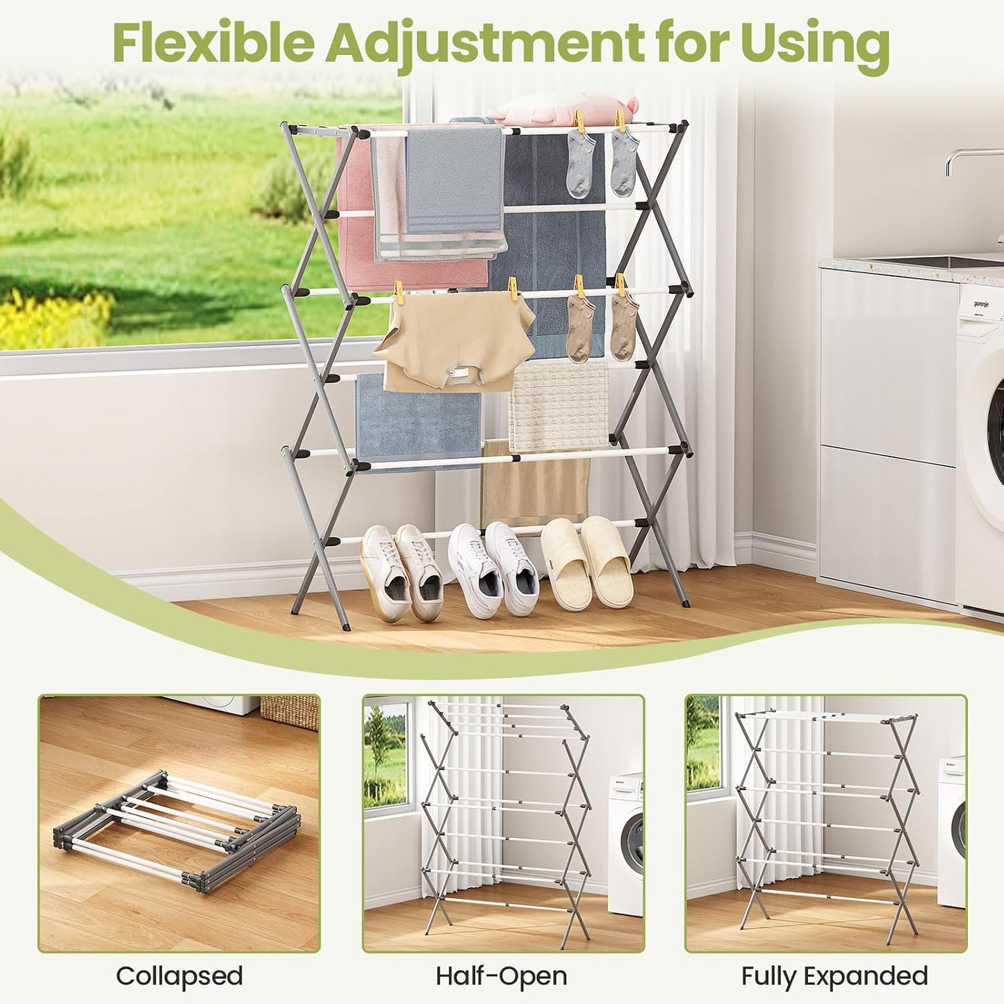 APEXCHASER Extra Large Clothes Drying Rack, Foldable & Extendable Laundry Rack with Adjustable Size (20.87"-35.43" L), Space-Saving, Rust-Resistant Frame for Indoor/Outdoor Use, White