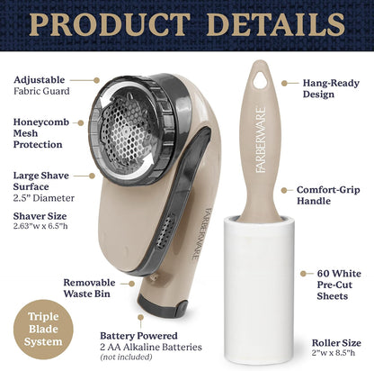 Farberware Fabric Shaver & Lint Remover Set–Battery Operated Sweater Shaver with Triple Blades and Extra Sticky Roller for Pet Hair, Fuzz & Pilling on Clothes, Upholstery & Bedding (Gray/Blue, Small)