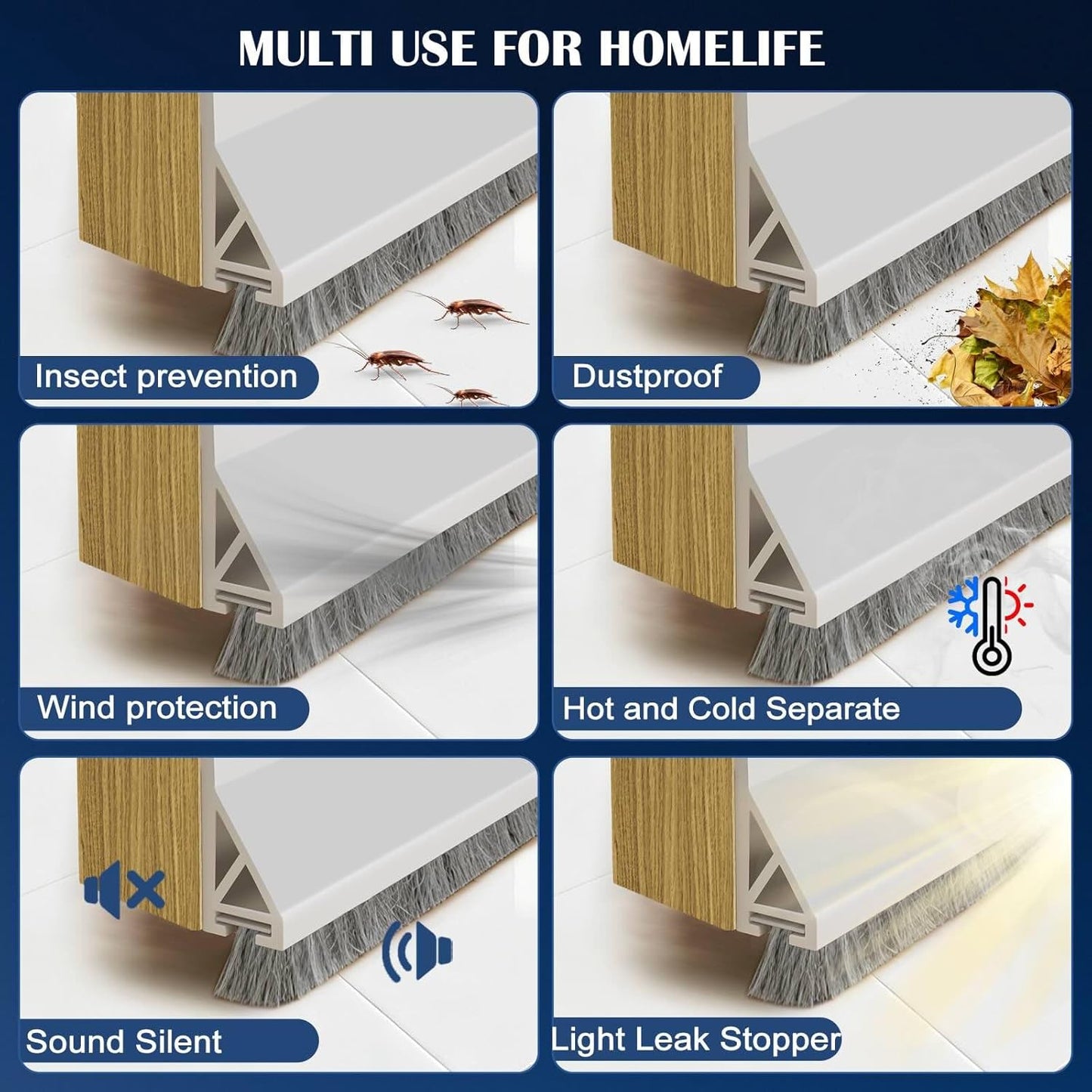 Door Sweep for Bottom of Door, 39.2" L Integrated Design with Brush, Self Adhesive Under Door Draft Stopper for Bottom of Door, Door Seal Dust/Noise/Hot or Cold Air Insulation, White 2" W