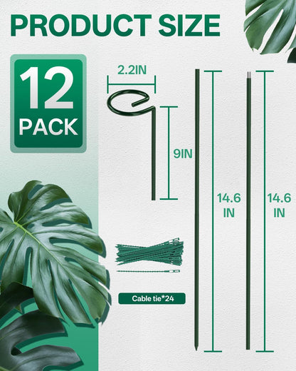 12 Pack 16 In Metal Plant Stakes, Plant Support Stakes with 15 Twist Ties | Plant Supports, Flower Stakes for Indoor Outdoor Plants, Peony, Tomato Seedling, Marigold, Amaryllis, Sapling, Coreopsis