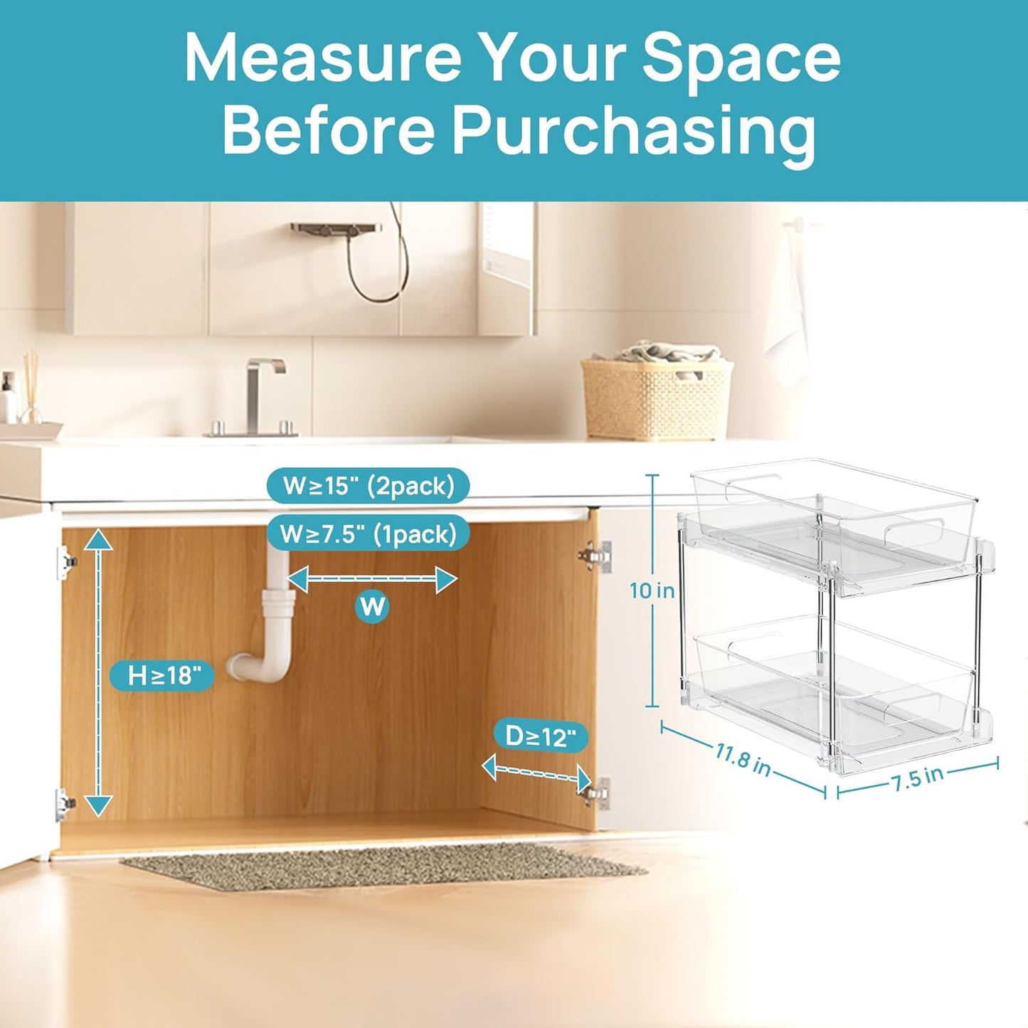 Vtopmart 2 Tier Bathroom Storage Organizer, 2 Pack Clear Under Sink Organizers Vanity Counter Container, Cabinet Drawers Bins, Pull-Out Organization with Track for Pantry, Kitchen