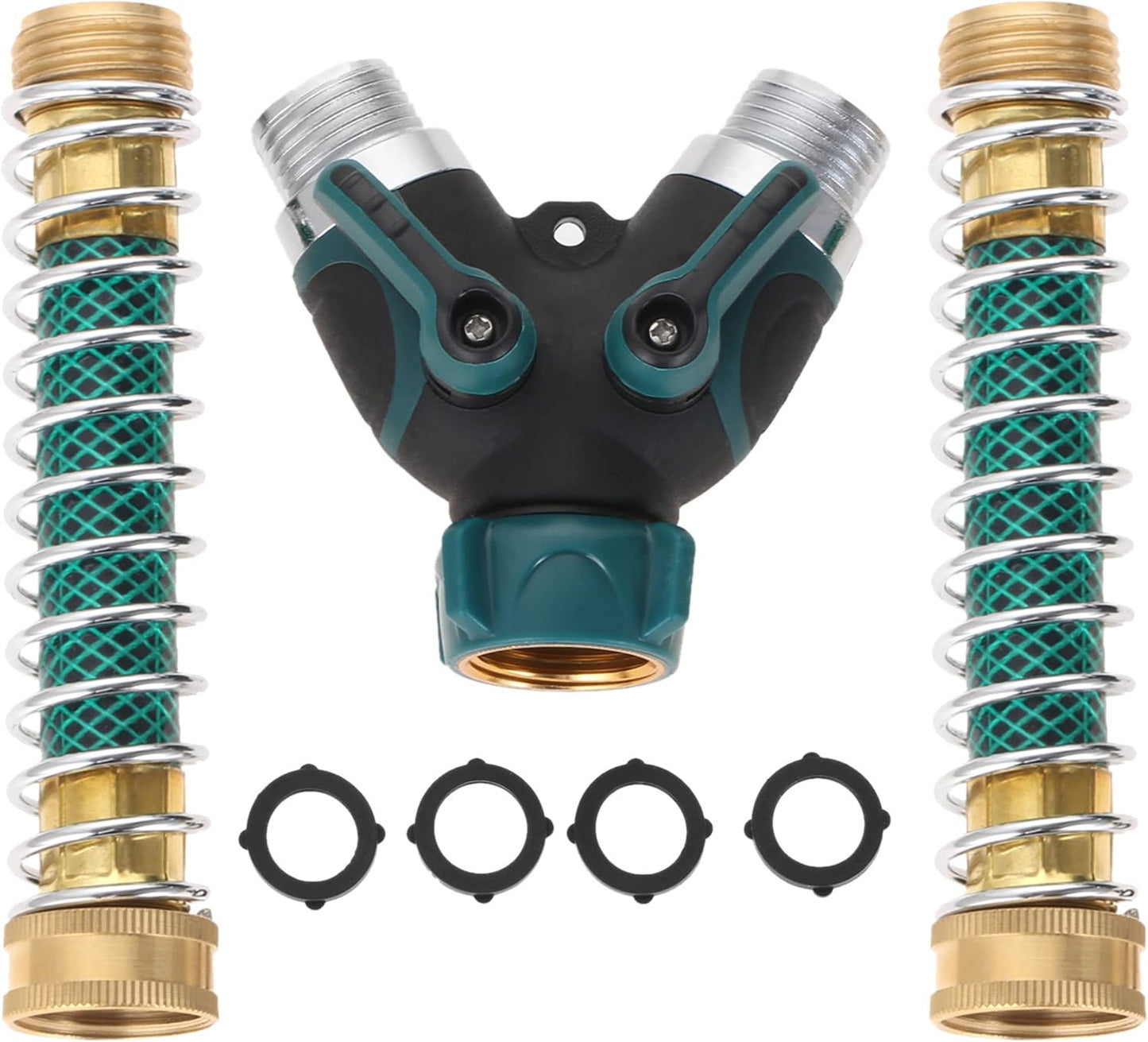 2 Way Garden Hose Splitter, 3/4" Y Garden Hose Connector with Comfortable Rubberized Grip , 2 Faucet Extension Hose spring Protectors and 4 Hose Rubber Washer