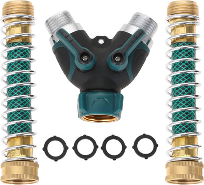 2 Way Garden Hose Splitter, 3/4" Y Garden Hose Connector with Comfortable Rubberized Grip , 2 Faucet Extension Hose spring Protectors and 4 Hose Rubber Washer