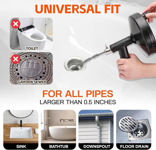 Drain Snake 25 Ft, Drain Auger Hair Clog Remover Heavy Duty Flexible Plumbing Snake Bathroom Kitchen Sink Cleaner Tools for Shower Bathtub Pipe