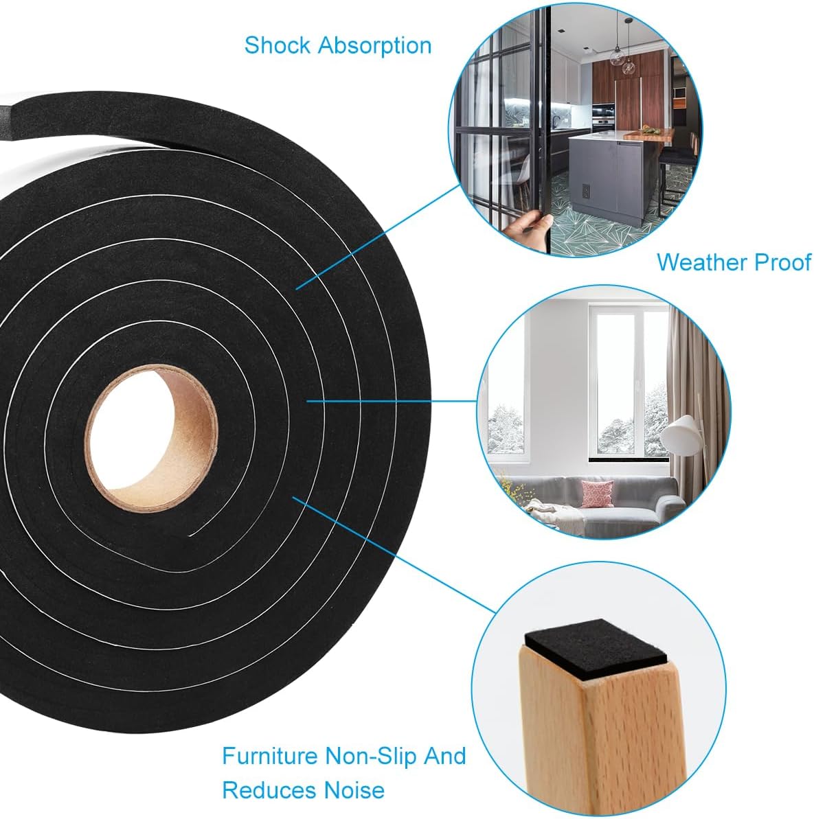Seal Foam Tape,1/2 Inch W x 1/8 Inch T Weather Stripping for Door and Window,High Density Single Sided Closed Cell Door Insulation Weather Strip, 3 Rolls Total 50FT Black