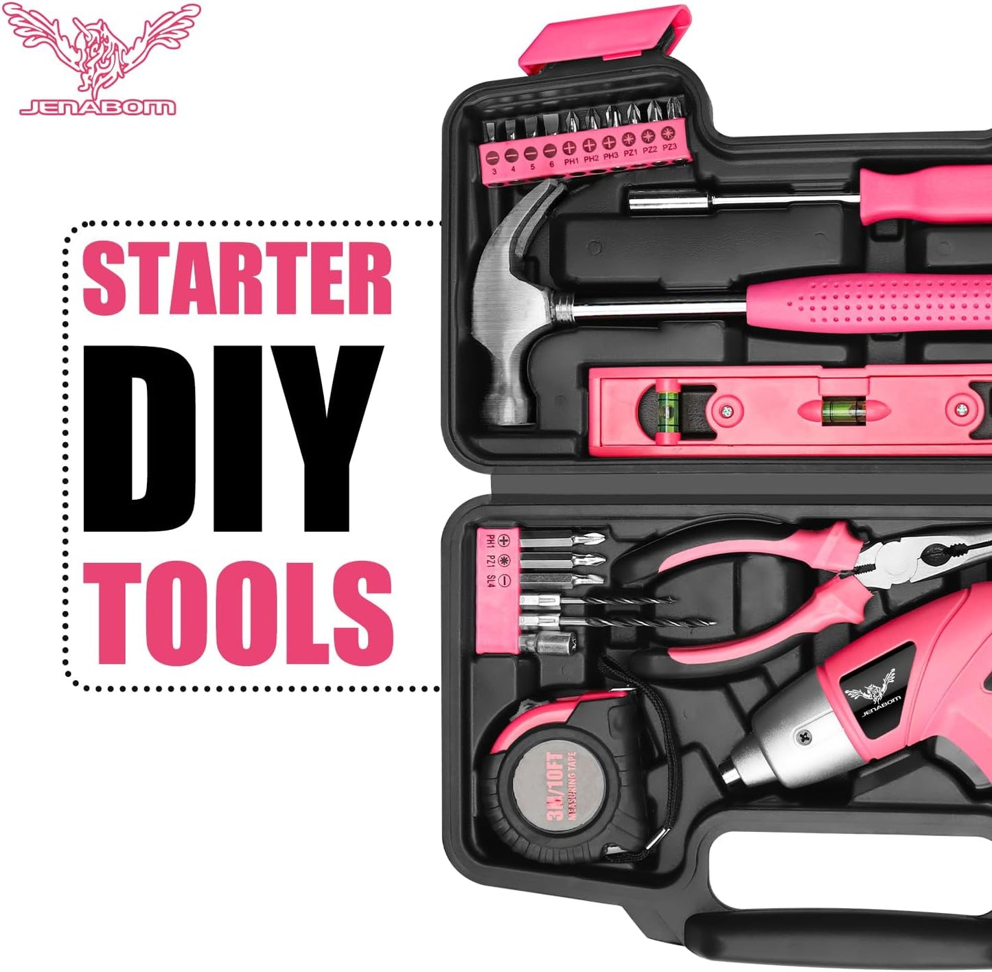 JENABOM Pink 3.6V USB Cordless Electric Screwdriver & Household Tool Kit | Power Screwdriver and Hand Tools in a Compact Box Case for Small Repair and Maintenance- Ideal Housewarming Gift, 112Pcs